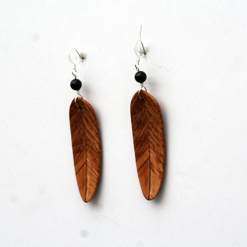 Handcarved Red Oak, Maple and Mahogany  Wood Leaf / Feather Earrings  J130103