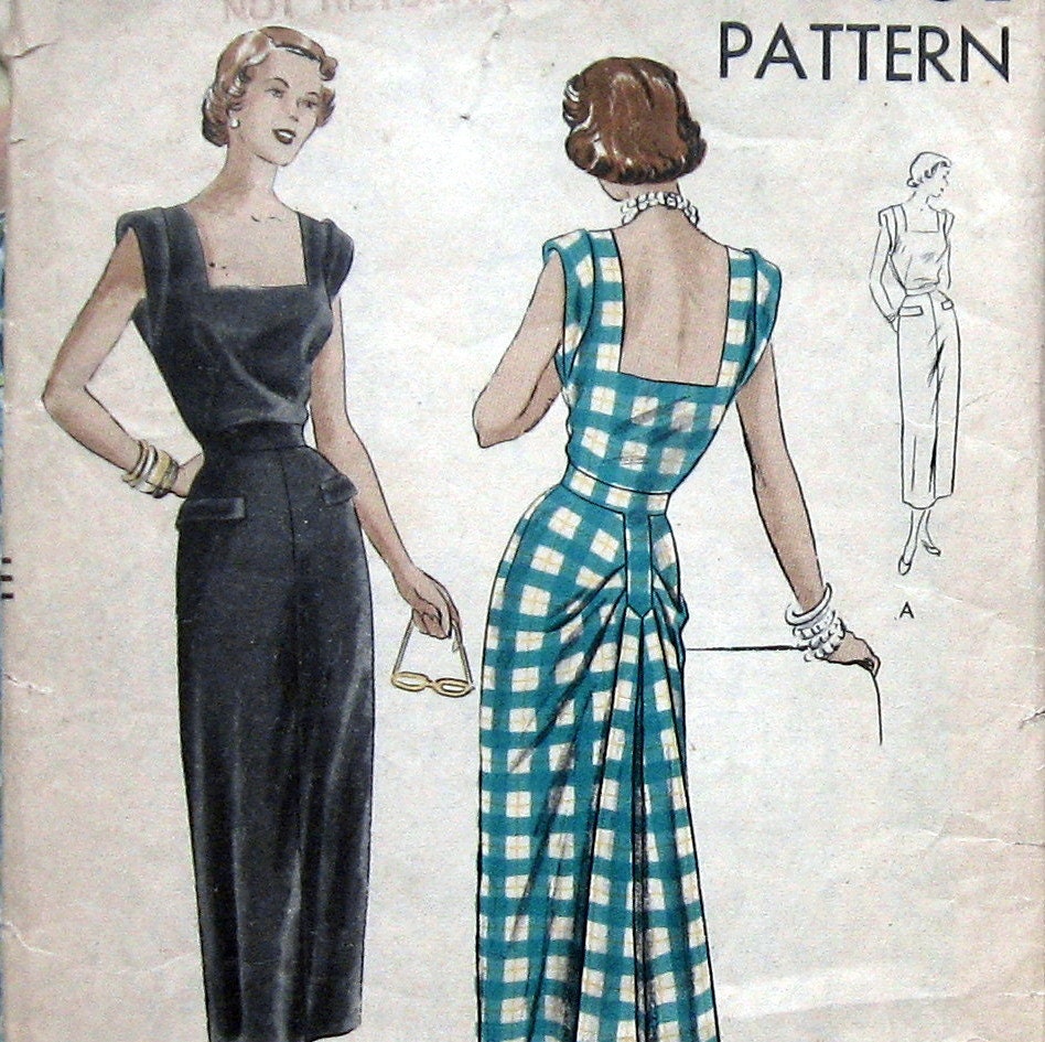 VINTAGE VOGUE Womens Dress Pattern With Deep Cut Square Neckline And Draped Back Skirt 1950s Sz14