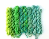 10 mini-skeins, hand dyed thread, assorted fibres - lime green, emerald, royal blue, light teal, pale blue green, cotton, silk, viscose