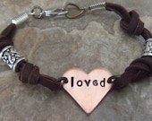 Love Token -Handstamped Heart Mixed Metal Leather Inspirational Bracelet