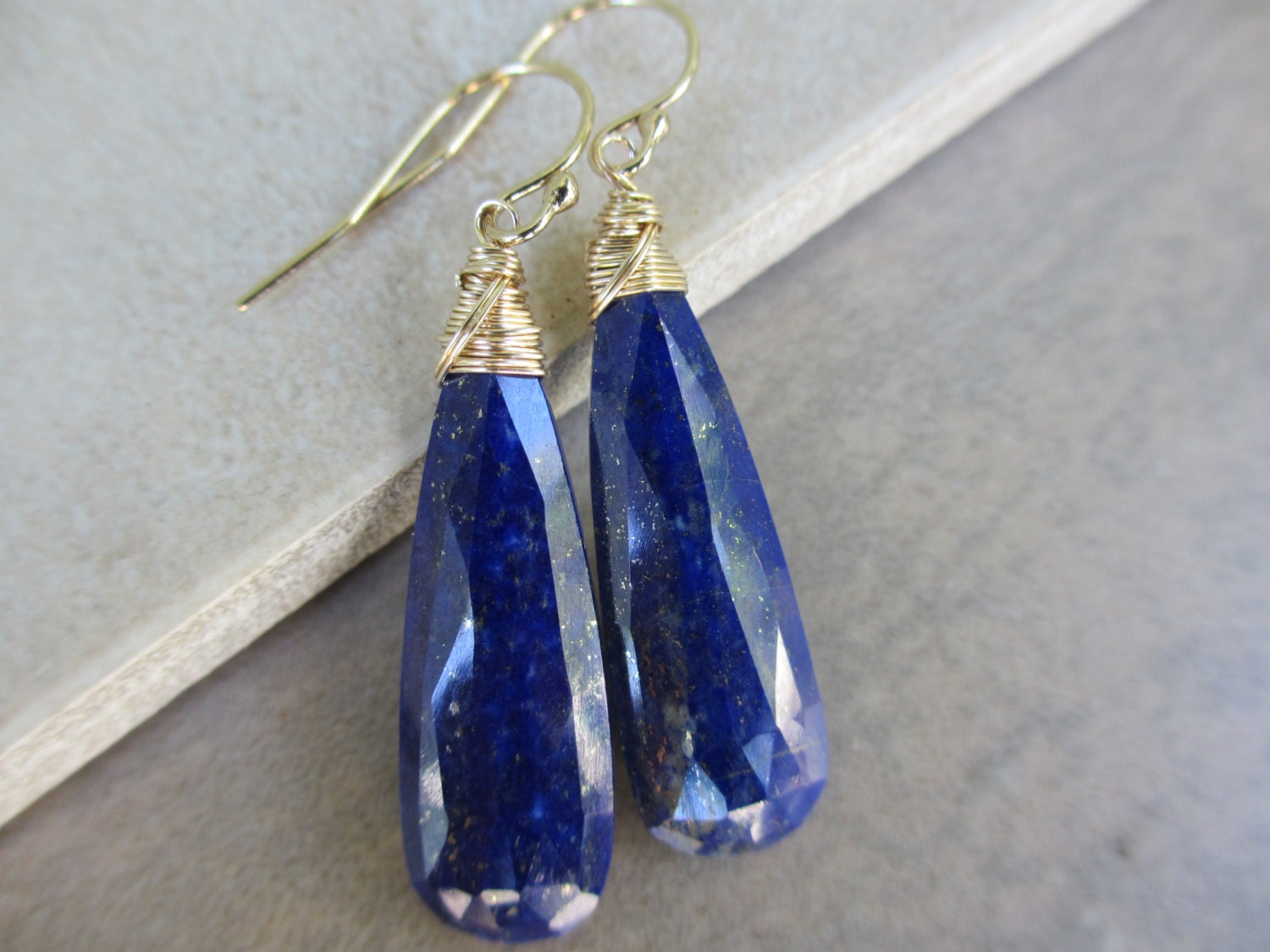 Lapis Earrings, Lapis Lazuli, Gold, Wire Wrapped, Long, Blue Earrings, Cobalt Blue, Dark Blue, Irisjewelrydesign
