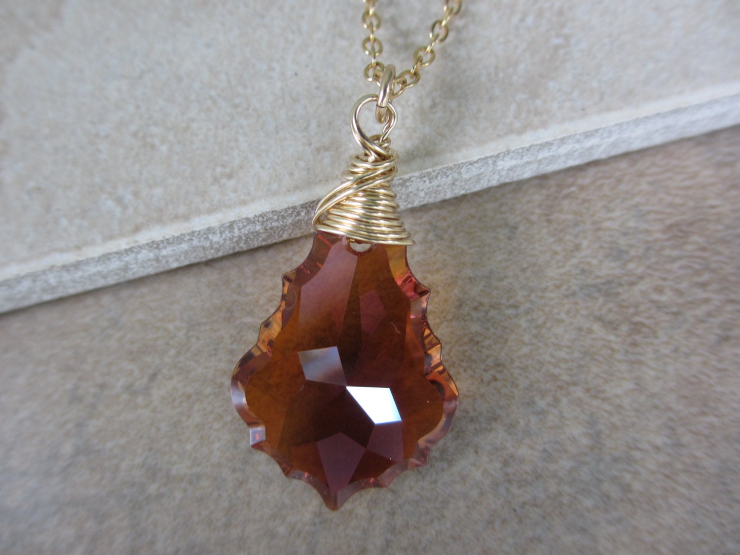 Burnt Orange Necklace, Copper Crystal, Gold, Baroque Pendant, Swarovski, Orange, Rust, Irisjewelrydesign