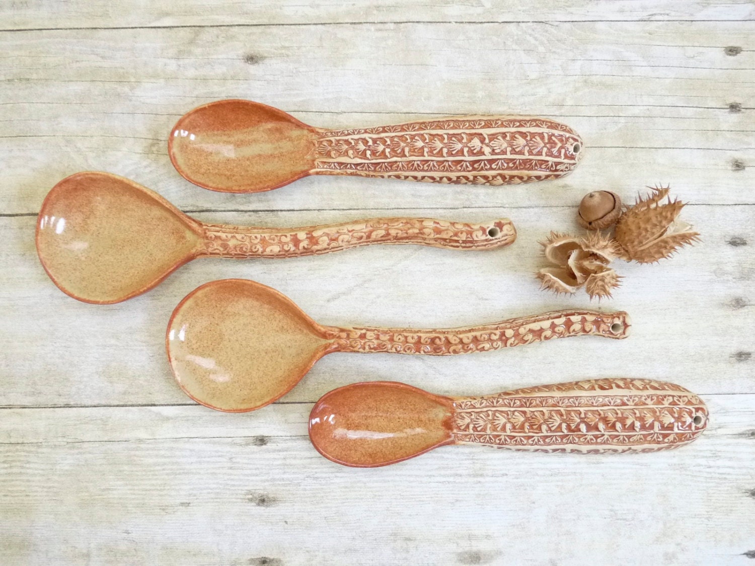 Ceramic Spoons Set of Two Handcrafted Rustic Design Rust Brown Kitchen Serving Spoon