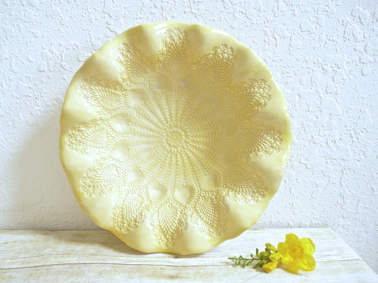 Ceramic Lace Doily Bowl Handcrafted Decorative Stoneware Serving Dish Mandala Pineapple Lace Tatting Design Lemon Yellow