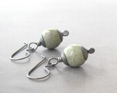 sage green dangle earrings, kazuri dangle earrings, rustic green and sterling silver earrings