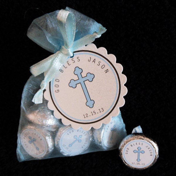 Personalized Hershey Kiss Baptism Favor Set, Christening Favor Set, Communion Favor Set, blue cross on white, set of 10
