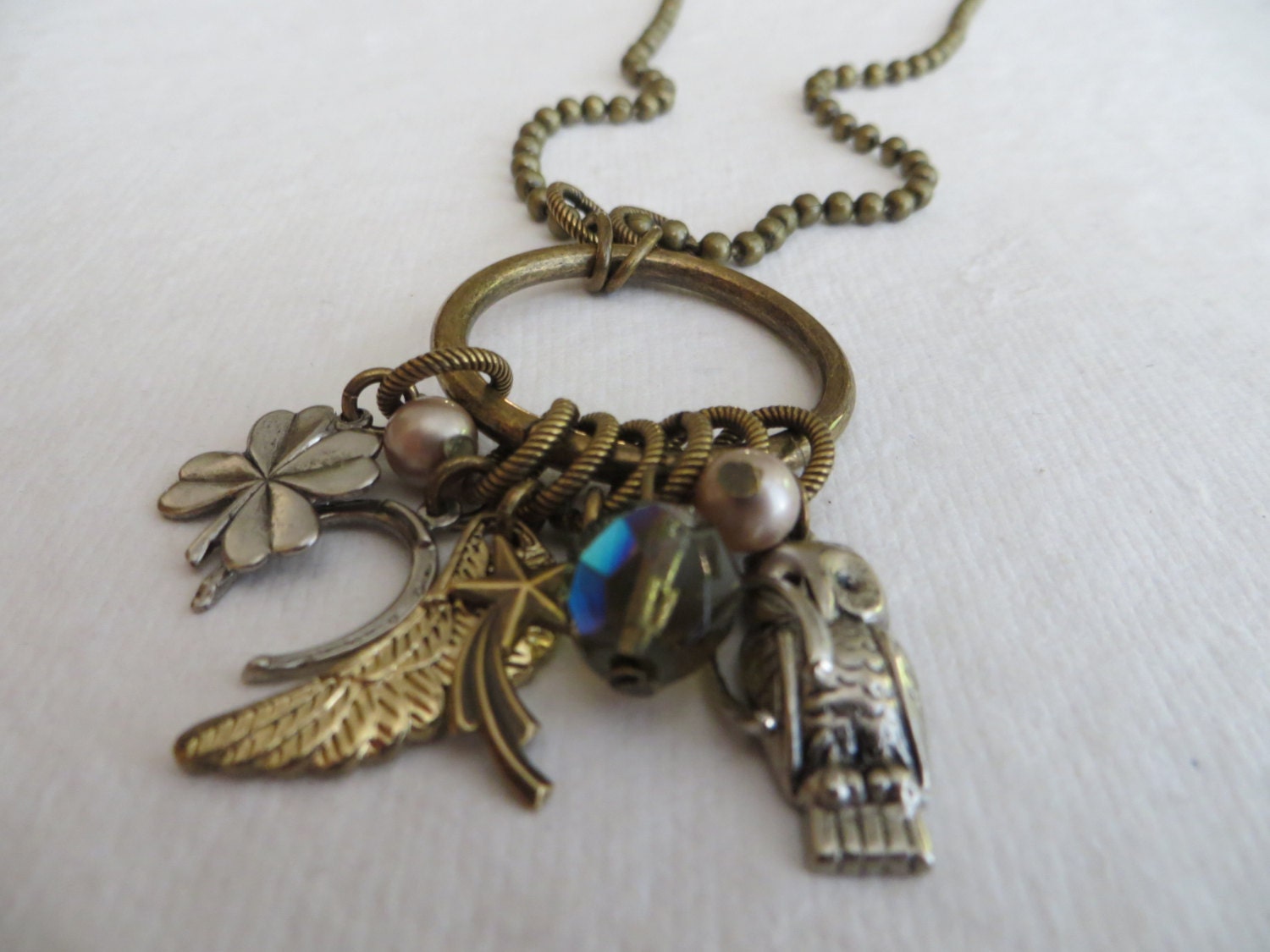 Good Luck Theme Charm Pendant Necklace with Antique Brass Ball Chain