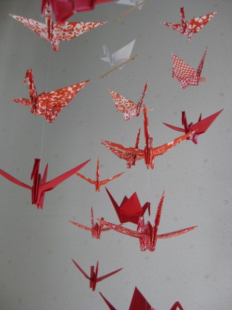 Large Origami Crane Mobile - Red and White