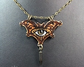 Rustic Copper Gold Small Duality Eye Talisman Bat Scroll Gothic Victorian Art Nouveau Necklace Pendant Hand Drawn Esoteric Art OOAK Creation