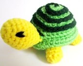 Animal RATTLE Toy Amigurumi: Crocheted Turtle Doll in Bright Green, and Yellow Washable Yarn - Designed by The Silver Hook