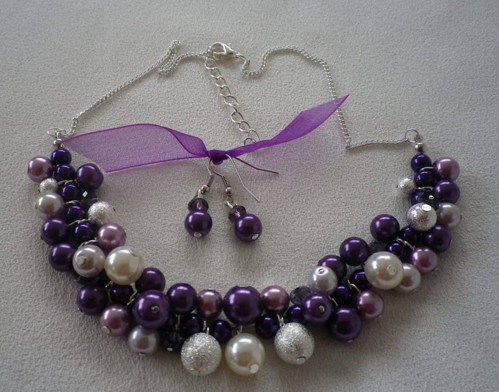 Purple Pink  Crystal Silver and Lilac Cluster Necklace and Earrings