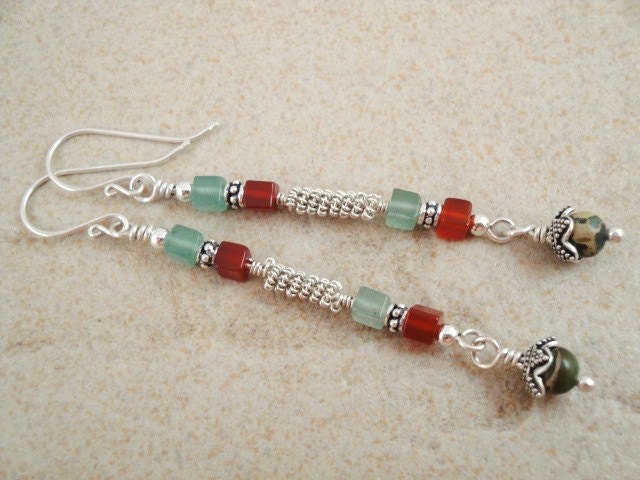 Gypsy sticks. Long dangle earrings. Sterling silver. Imperial jasper. Aventurine. Carnelian. Cube beads. Tiny coils