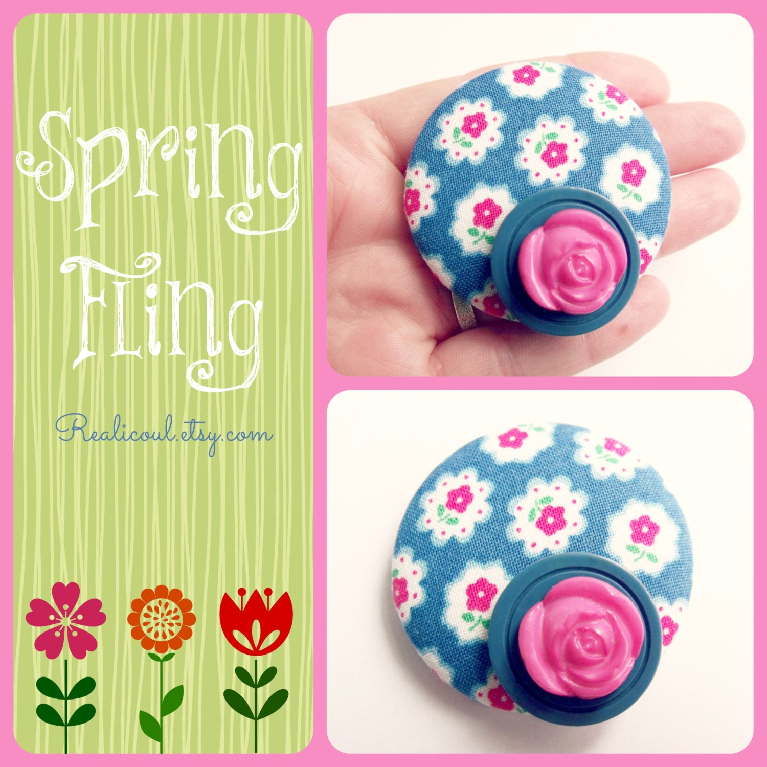 Button brooch, rose, print, vintage, floral, retro, pink, blue, floral, flower, unique, handmade, fabric, textile