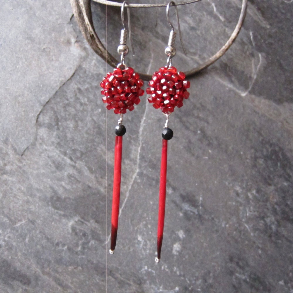 SALE Matte Onyx and Dyed Quill Beaded Earrings