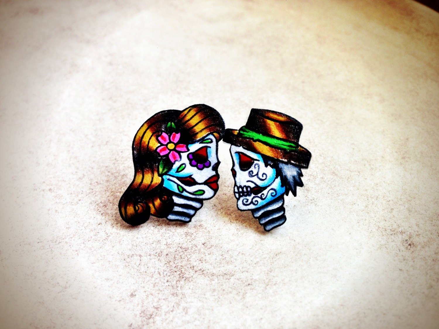 tattoo style day of the dead mini sugar skull post earrings true love boy and girl valentines day (studs)  