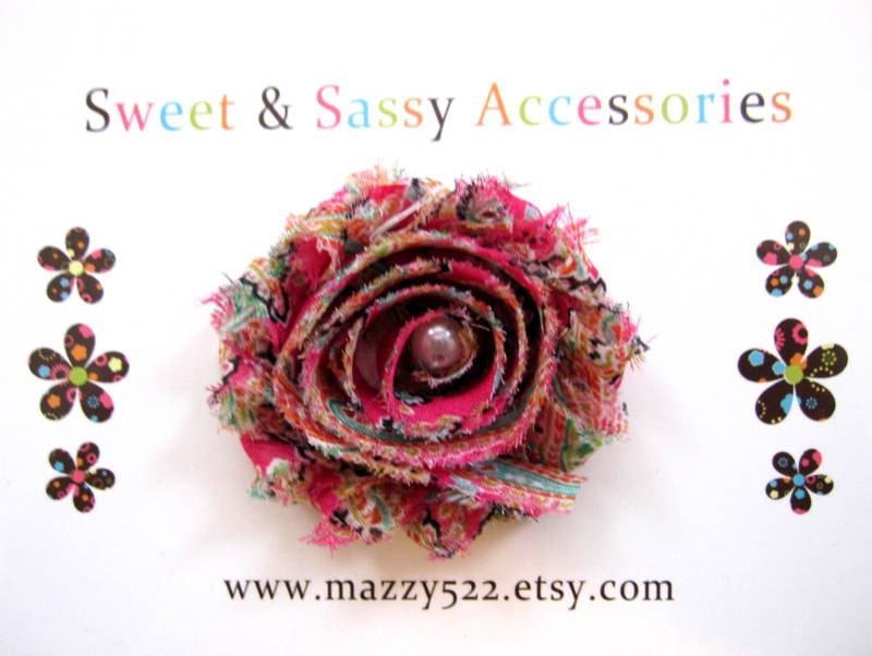 Fucshia Pink Paisley Shabby Fabric Flower Hair Clip