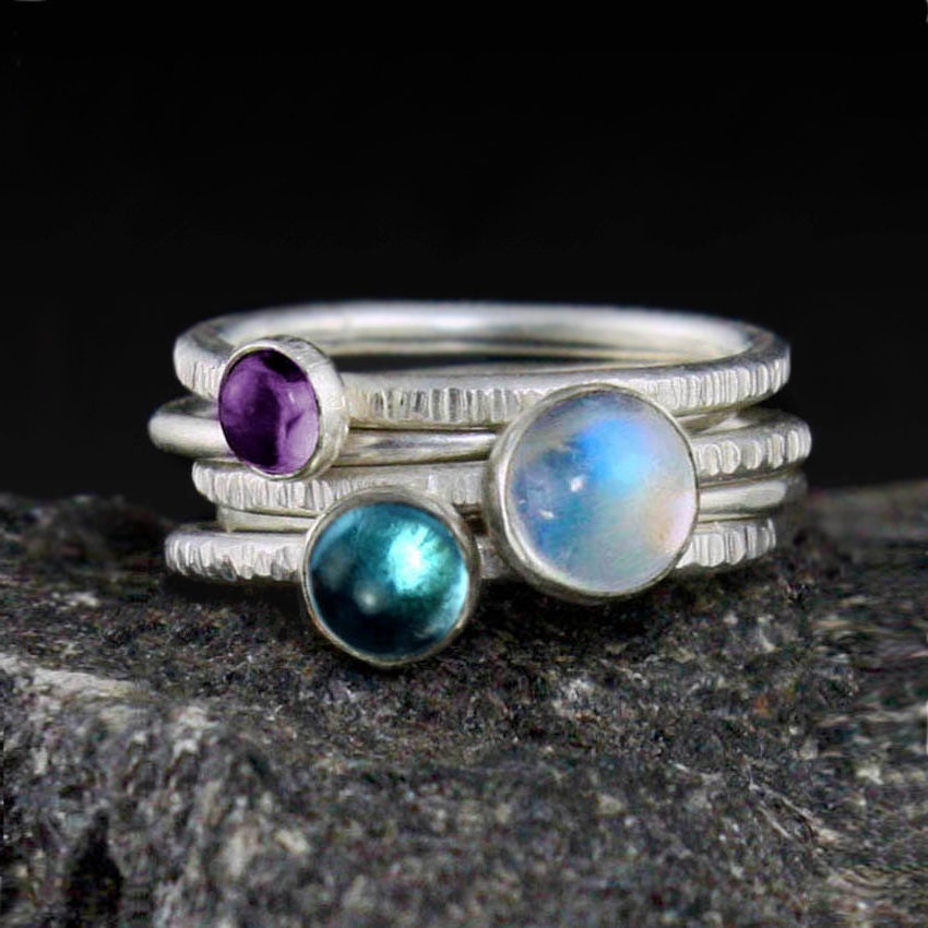 Gemstone Stacking Rings, Moonstone, Topaz, Amethyst - Set of 5