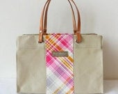 ParaffinCanvas Wide side mini tote bag, Pink check in Off white