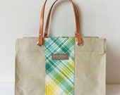 Paraffin Canvas Wide side mini tote bag, Green check in Off white