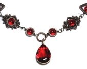 Steampunk Victorian Jewelry - Necklace - Red Faceted Supreme Quality Diamond Cut Glass Gem Stone Jewel - VICTORIAN