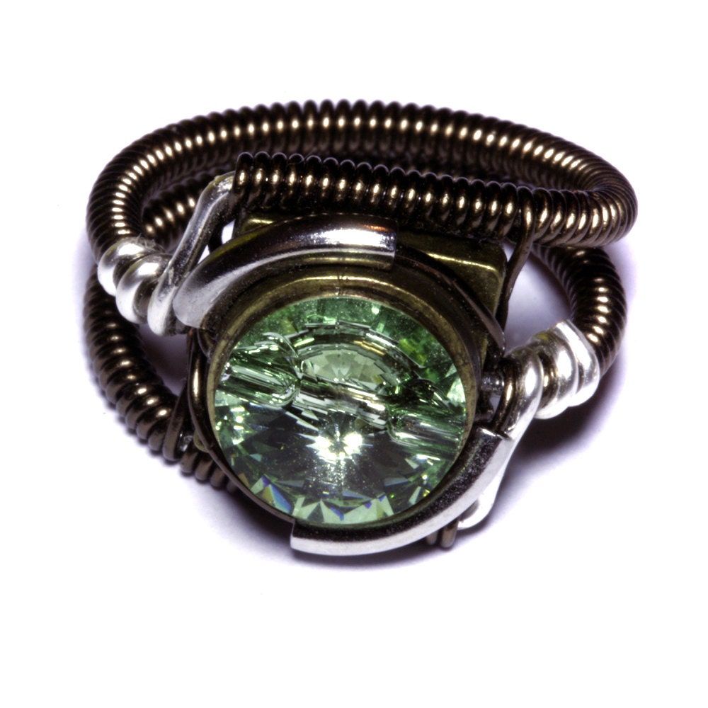 Steampunk Jewelry - RING - Chrysolite Green Swarovski Crystal - Silver and Bronze (Custom size available - see description)