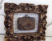 Tiny Vintage Miniature Antique Leather Coin Purse and Key in Syroco Frame