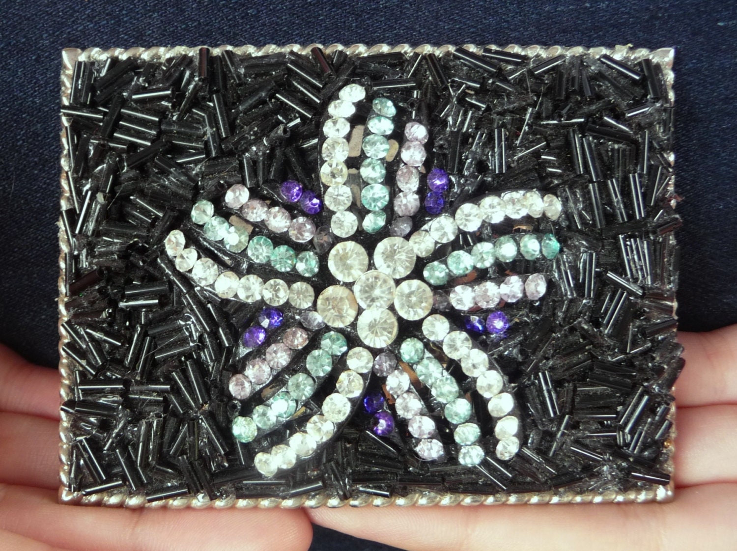 Rhinestone Flower Belt Buckle - Black Silver - Women's Rectangle ooak custom