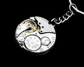 Steampunk Keychain- Industrial Wedding- Luxury Statement- Silver Clockwork- Vintage Watch Movement- Swarovski- Unisex- tasherajean- SK08