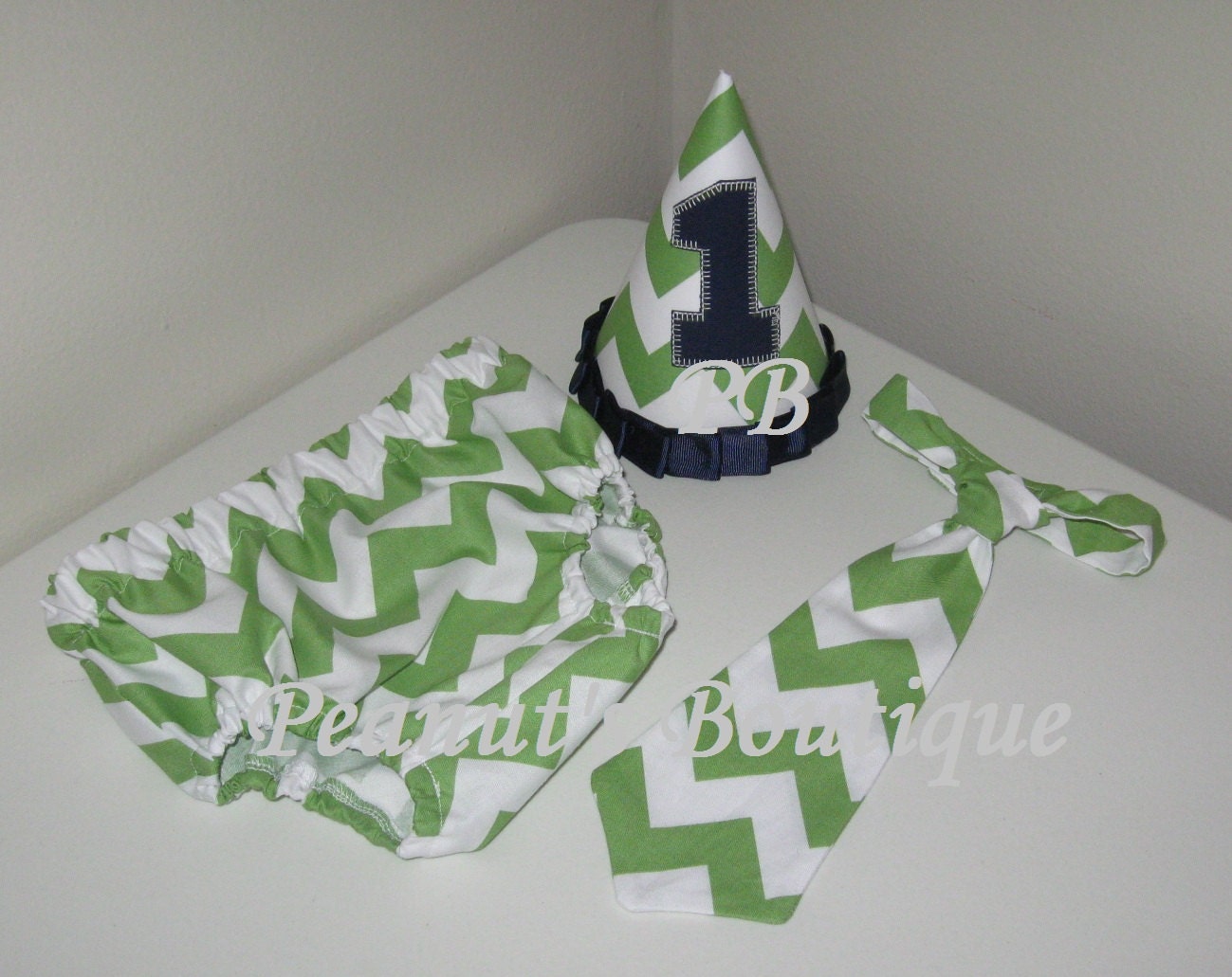 Baby Boy Toddler First Birthday Diaper Cover, Tie & Party Hat Green Chevron -- Photo Prop