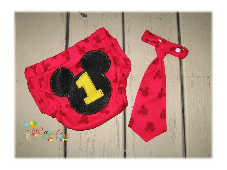 Baby Boy Toddler First Birthday Mickey Mouse Diaper Cover & Tie -- Photo Prop
