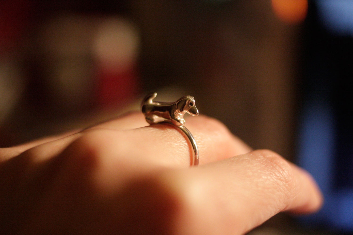 Sausage Dog Dachshund Ring. Hand crafted in Silver with Black Diamond eyes.