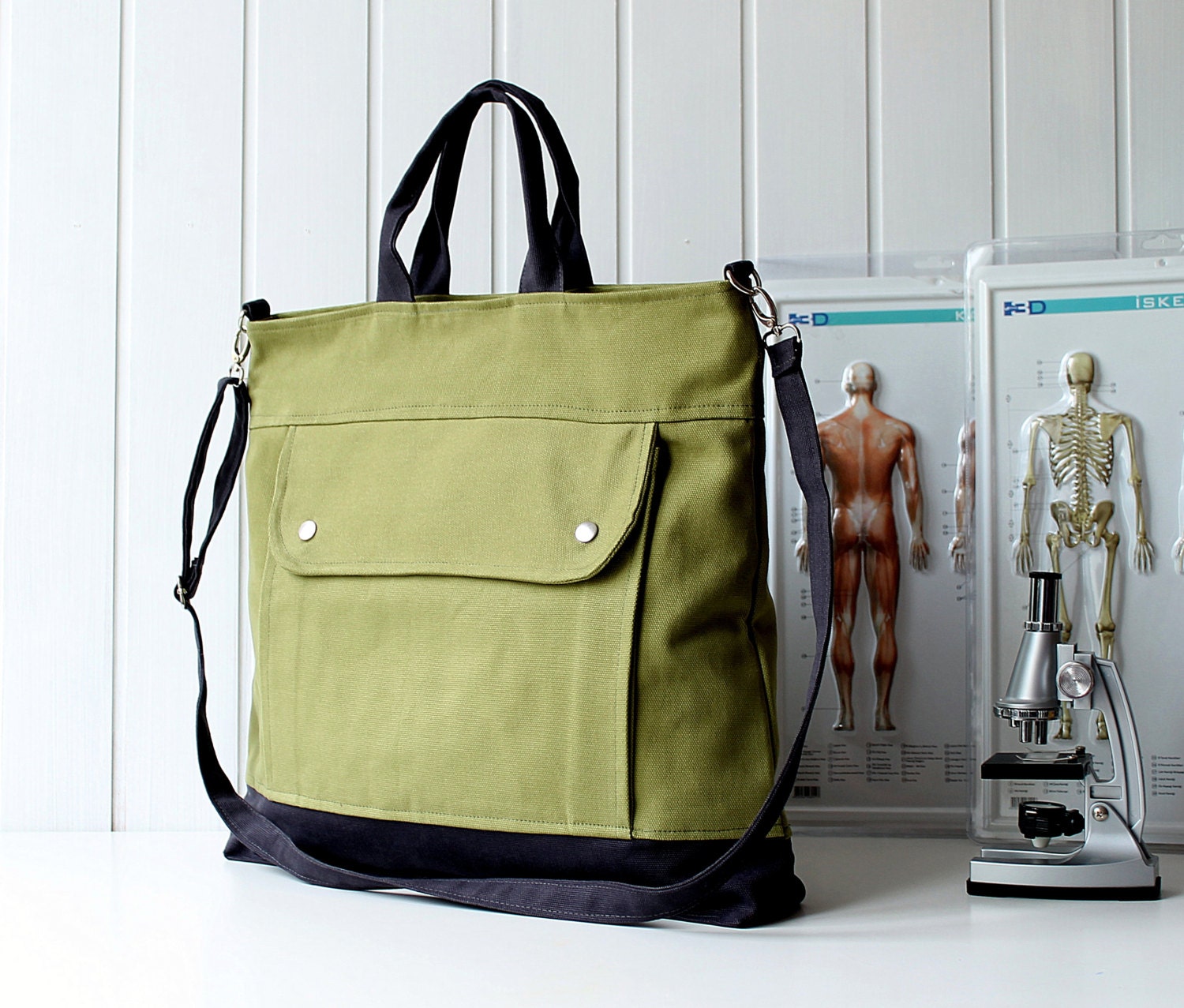 Men - Project Messenger Bag in Olive Green - UNISEX BAG / Tote Bag / For her / For men / For women / For him / microscope / under 50
