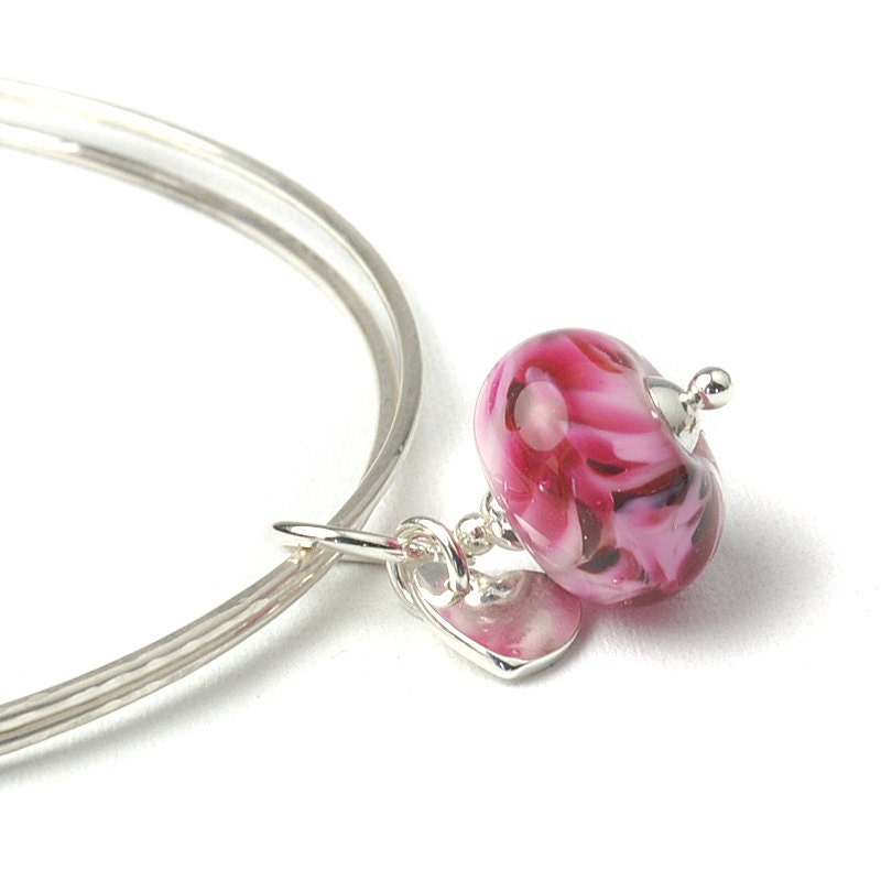 Raspberry Fizz Silver Charm Bangles with Lampwork Glass and Fine Silver Charms - UK SRA