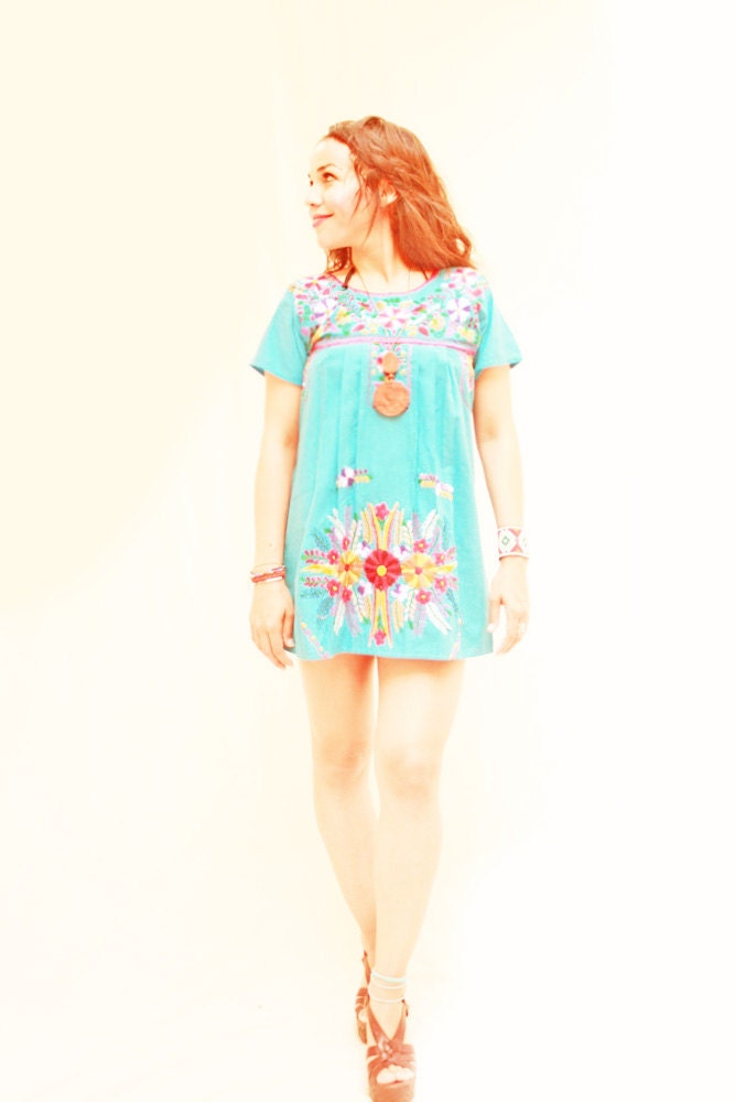 Turquesa Mexican Embroidered Mini Dress Colorful Vintage hand embroidered Tunic