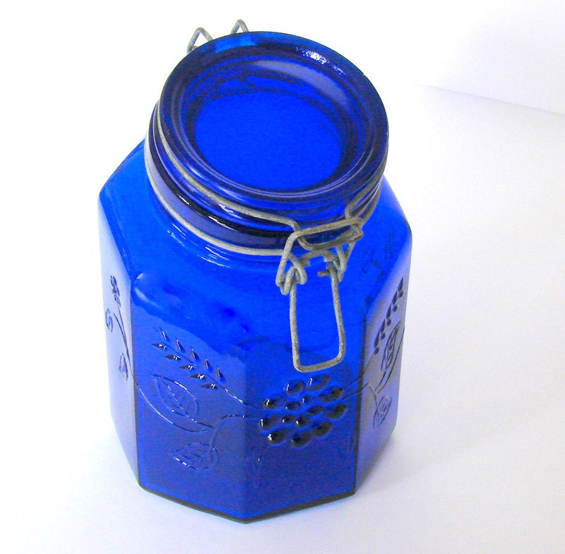 Cool Cobalt Blue Pressed Flower Glass Vintage Jar