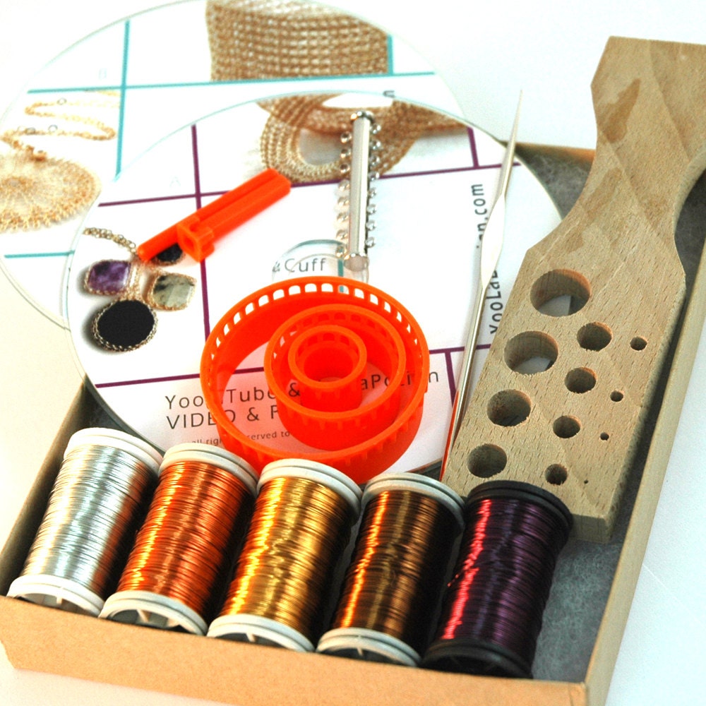 DIY jewelry kit - Beginners wire crochet kit - 4 VIDEO tutorial - draw plate - ISK set - color wires - crochet hook - cuff link