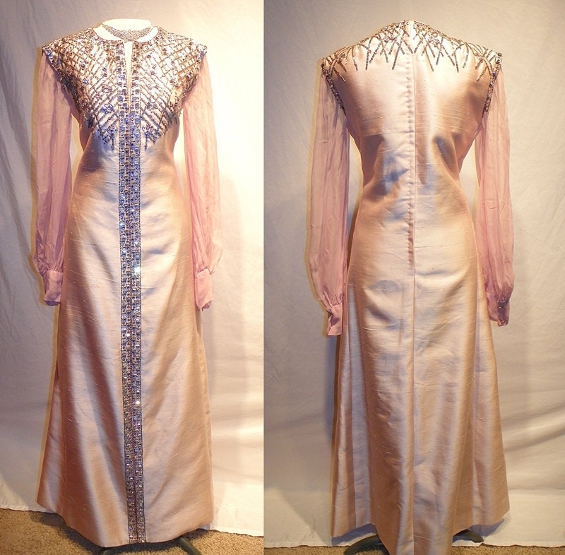 1960's PINK Silk Shantung RHINESTONE Jeweled Cocktail Dress Vintage 60's Sparkle Beaded  Couture Jewel Encrusted Mad Men Party Gown Dress