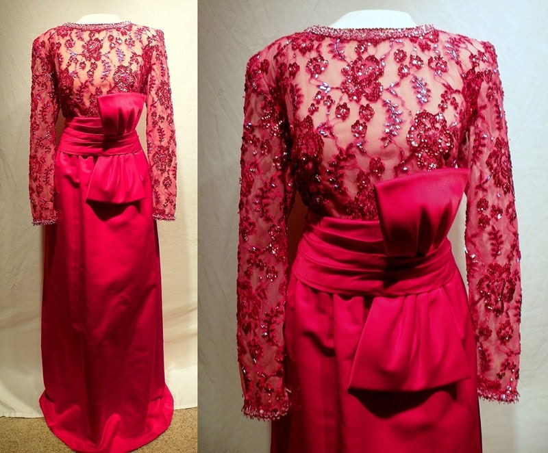 1980's Cherry RED Nude Illusion Lace SEQUIN Beaded Formal Gown Vintage 80's Victoria Royal Ltd. Elegant Couture Cocktail Party Dress