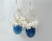 Blue Fluorite and pearl silver dangle earrings, teal gemstone and ivory pearl beaded earrings, something blue