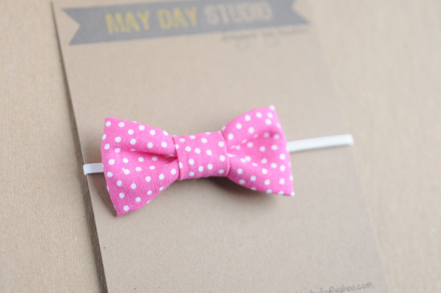 newborn baby toddler girls fabric bow headband - pink/white polka dot bow - white skinny elastic