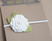 newborn baby toddler girls felt flower headband - white flower bow - white skinny elastic