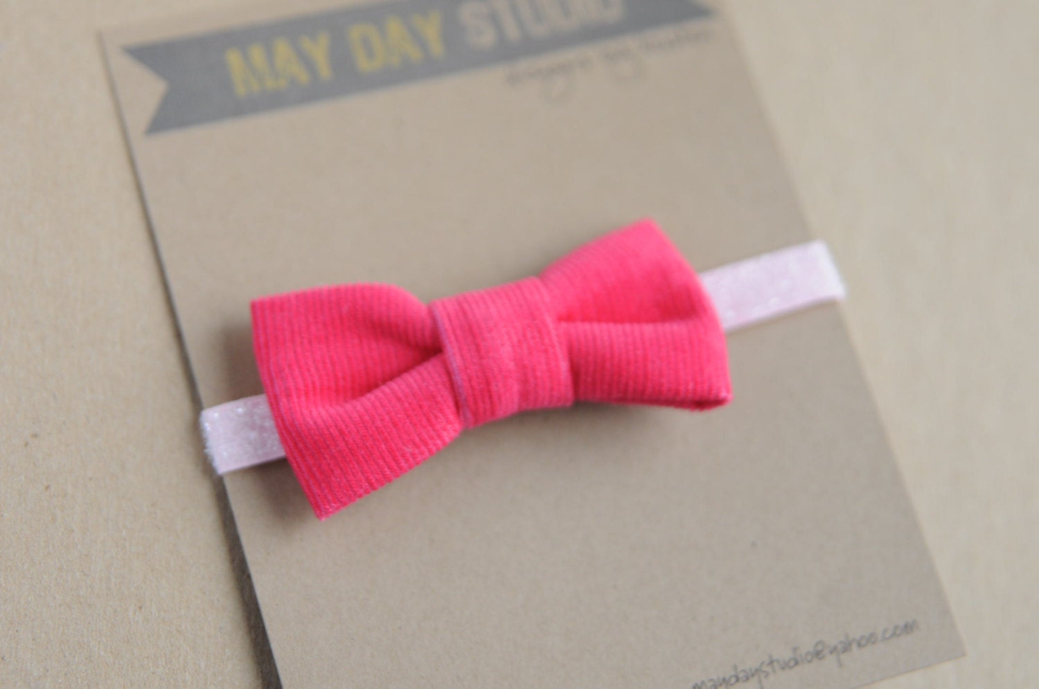 newborn baby toddler girls fabric bow headband - pink corduroy bow - pink glitter elastic