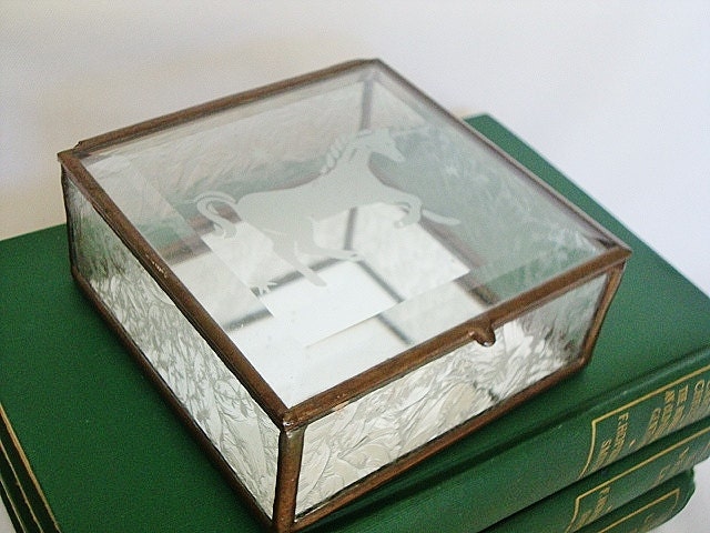 vintage unicorn glass and copper trinket box