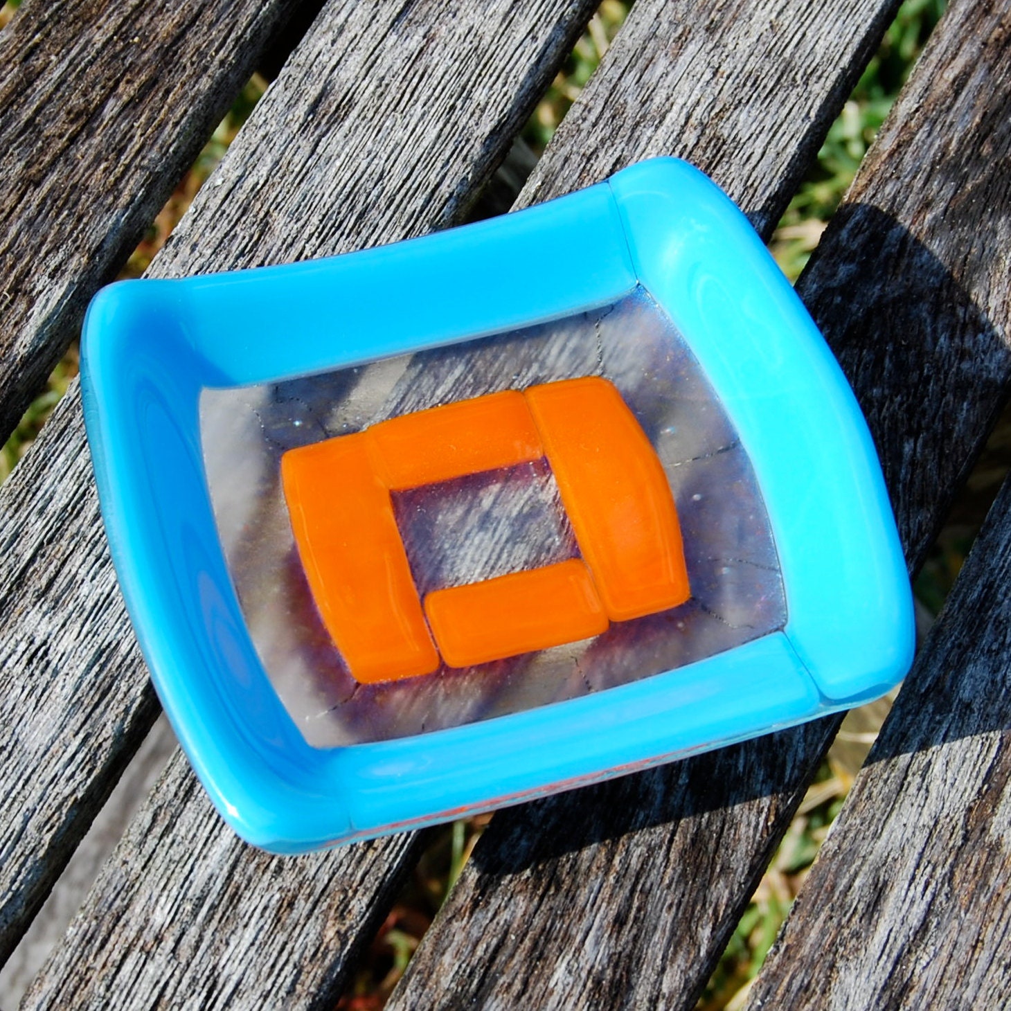 SALE Turquoise and Tangerine Orange Fused Glass Dish - Spoon Rest - Trinket Dish - Soap Dish