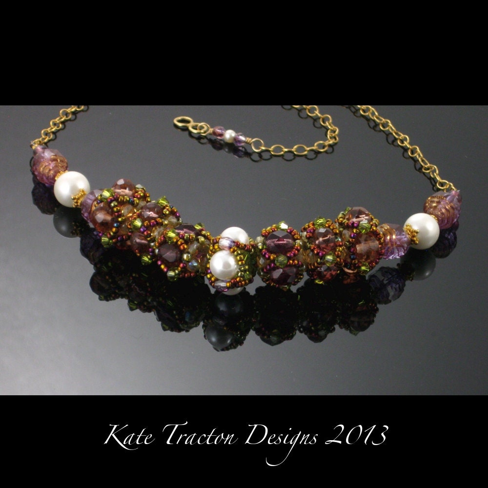 Netted Crystal Bead Necklace, Plum Purple, Beadweaving