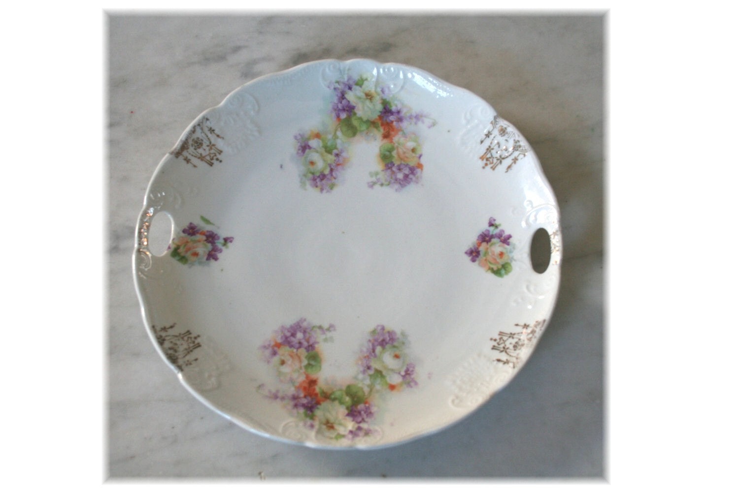 MOTHERS DAY   Victorian Cookie plate, White .Roses and violets, gold decoration and raised surface design . Porcelain Germany