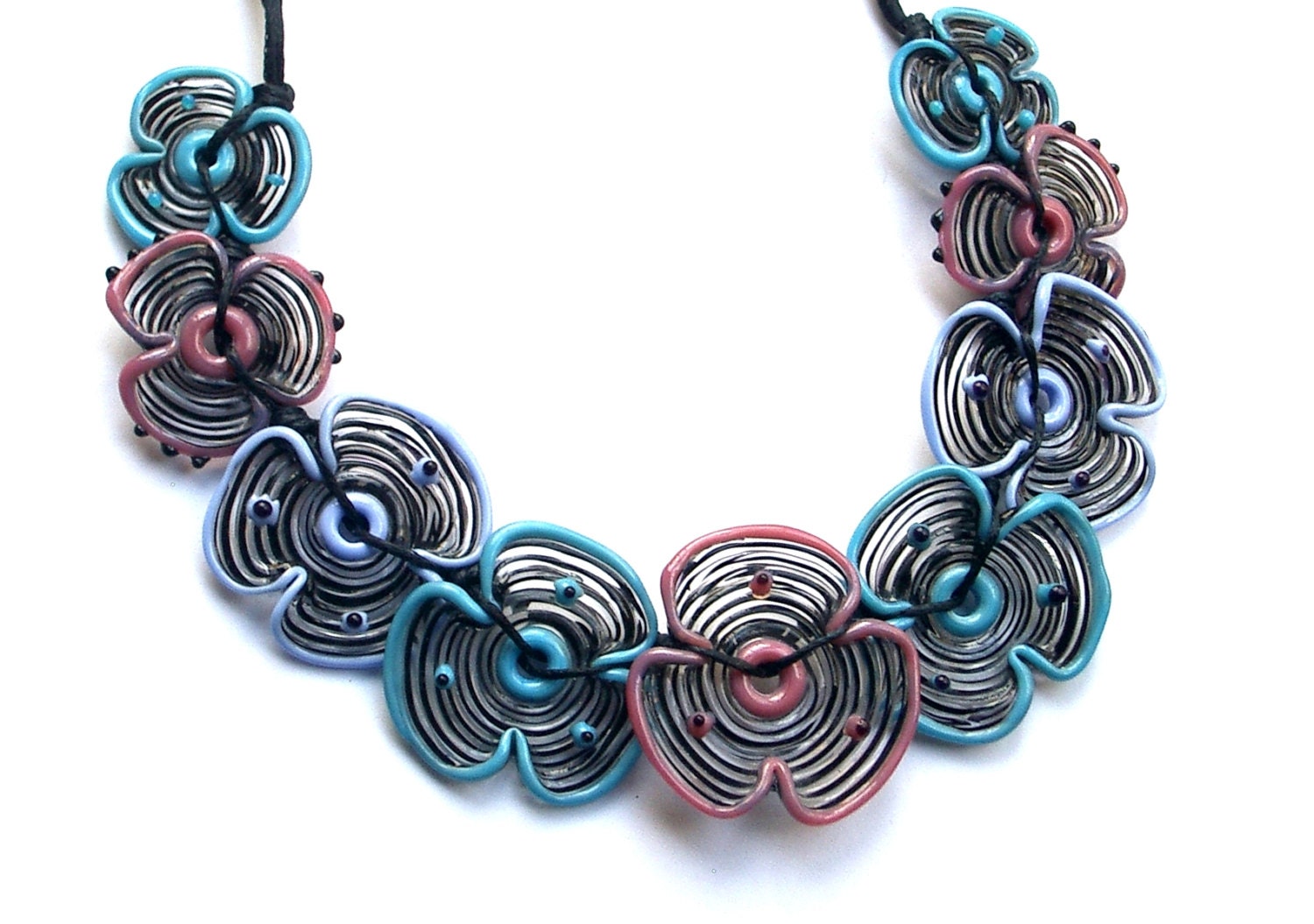 black and purple nine flowers necklace  lampwork glass beads handmade by YasminSivan