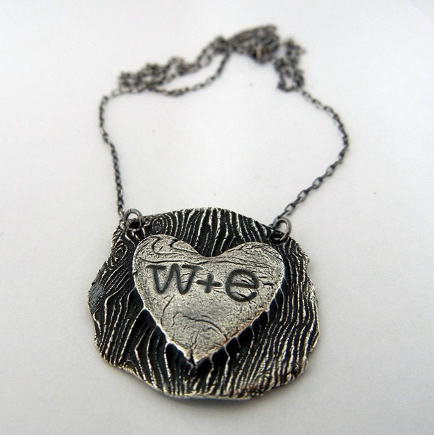 Heart in Tree Bark Initials Couples Necklace, Engagement, Wedding, Fine Silver Faux Bois by E. Ria Designs