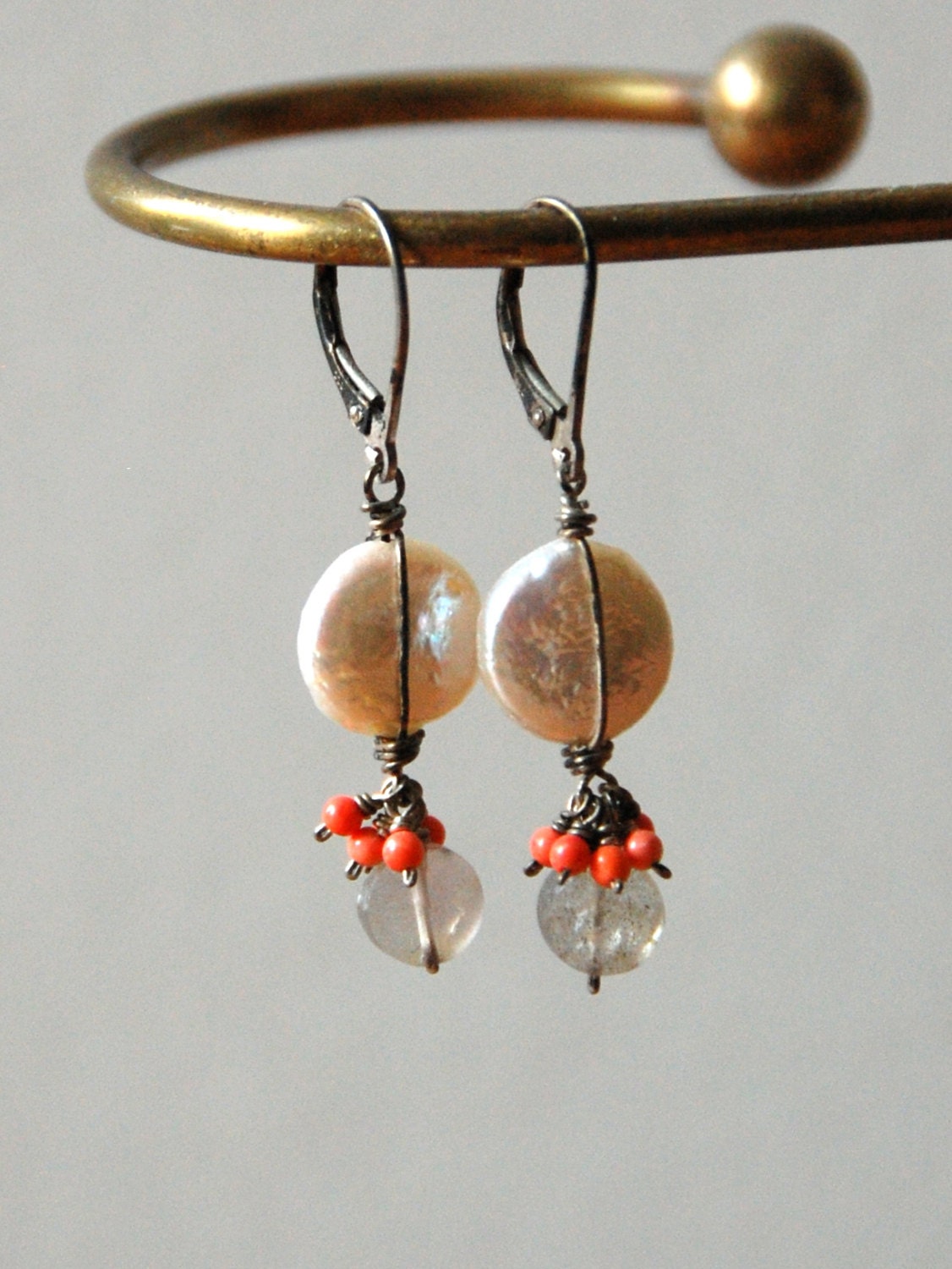 Coin Pearl, Labradorite, Coral Earrings - Oxidized Sterling Silver
