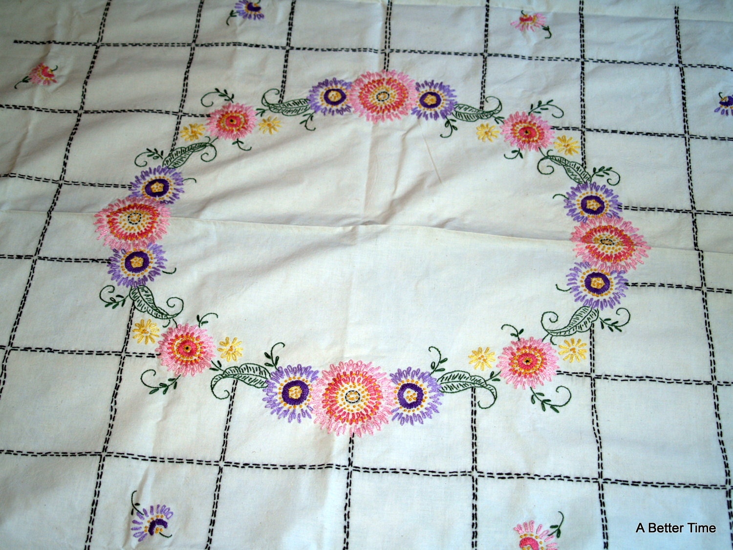 Vintage Hand Embroidered Tablecloth or coverlet Flowered Muslin Cotton